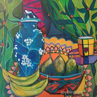 blue vase with bananas