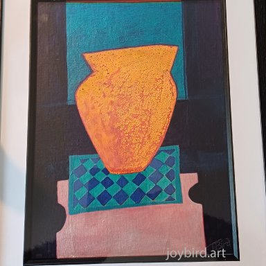 Orange Vase on Checkered Rug